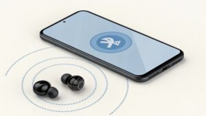 A phone with the Bluetooth symbol having trouble connecting to earbuds.