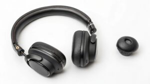 A side-by-side comparison of an earbud and an over-ear headphone showing battery size difference.
