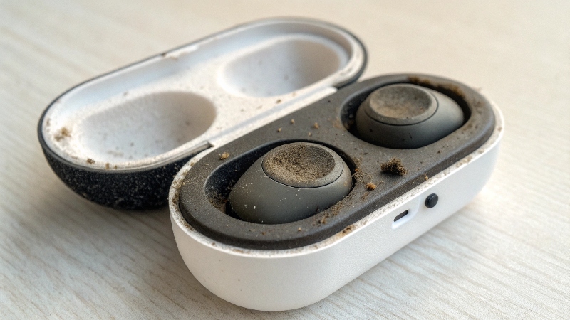 A close-up of dirty charging contacts on an earbud and inside its case.