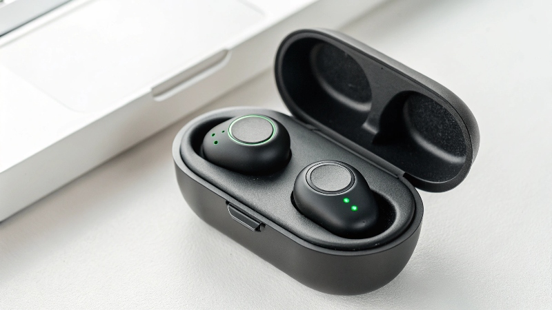 A pair of wireless earbuds with green checkmarks indicating a successful sync.